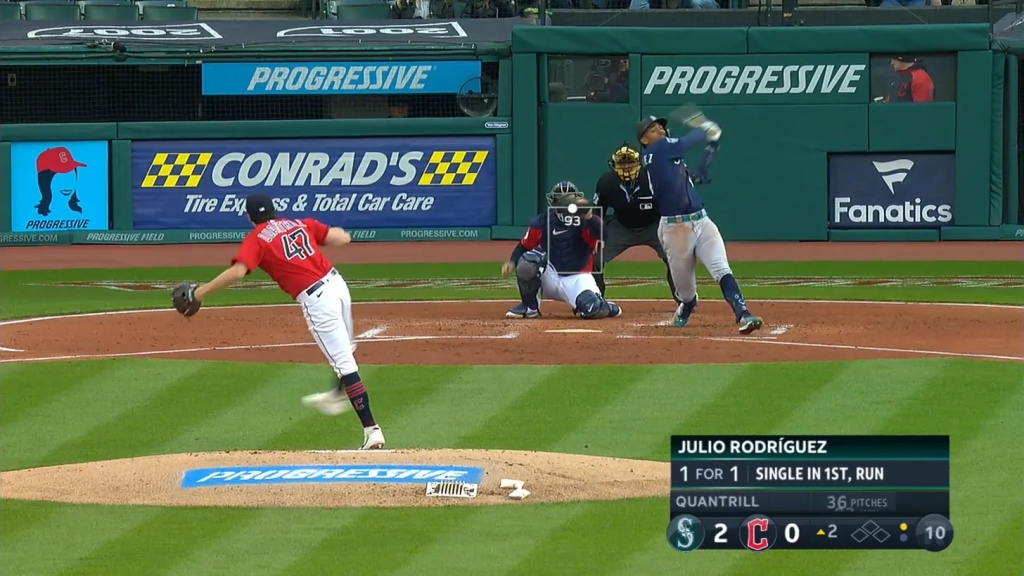 Julio Rodriguez swinging and missing at a high fastball